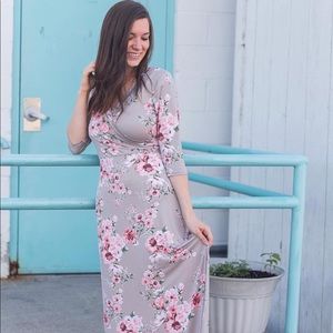 Modest Boutique Tan Floral Faux Wrap Dress w/Sash